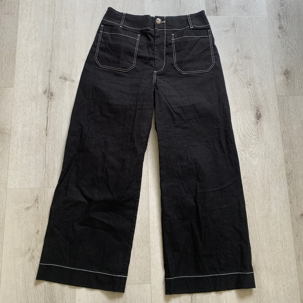 Maeve The Colette Black Wide Leg Contrast Stitch Pants 27 High Rise Cropped